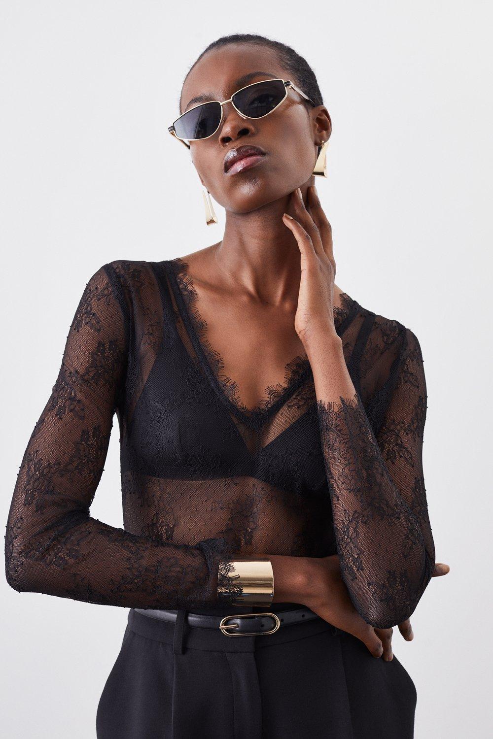 Lace And Jersey Sheer Long Sleeve Bodysuit | Karen Millen