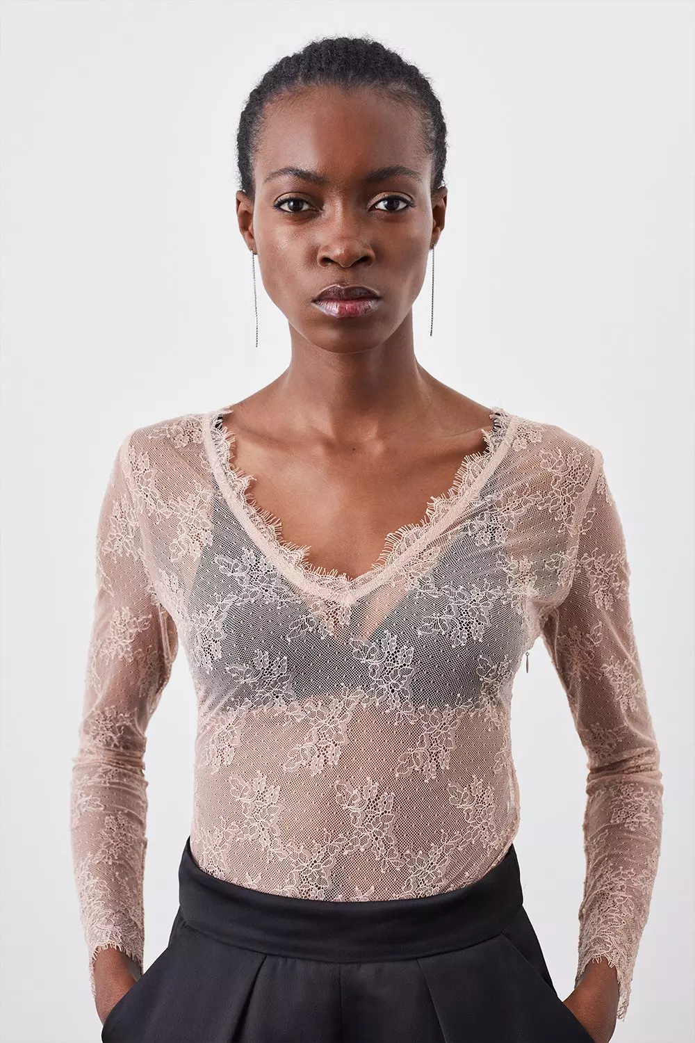 Lace And Jersey Sheer Long Sleeve Bodysuit