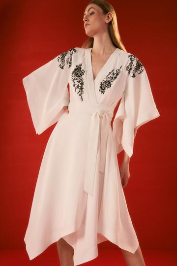 The Founder Kimono Style Embroidered Midi Dress ivory