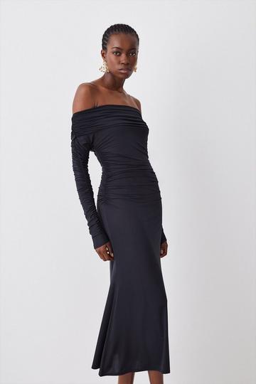 Slinky Jersey Ruched Bardot Midi Dress black