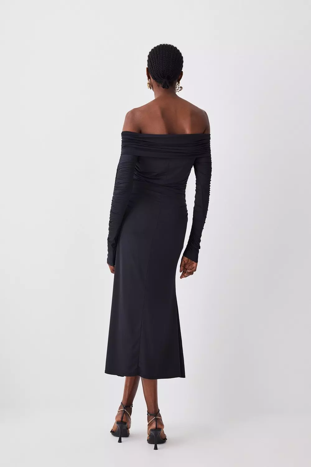 Slinky Jersey Ruched Off The Shoulder Midi Dress