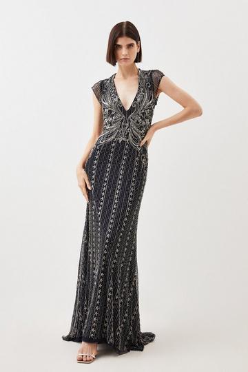 Navy Crystal Embellished Cut Out Maxi Dress