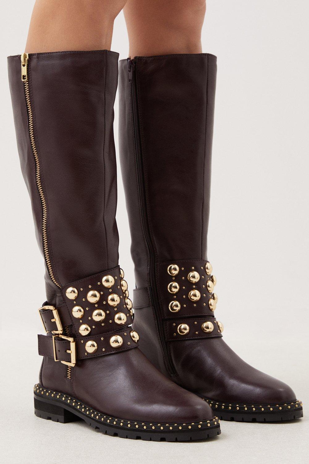 Leather Studded Statement Knee High Boot – Red