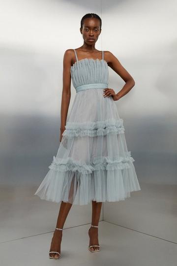 Tulle Bandeau Tiered Midi Dress silver