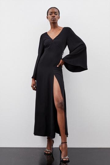 Black Kimono Sleeve Woven High Low Maxi Dress