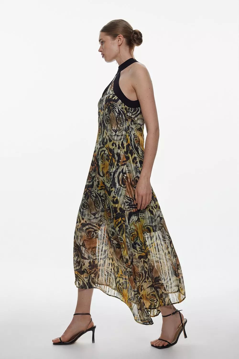 Tiger Printed Halter Neck Woven Midi Dress Karen Millen