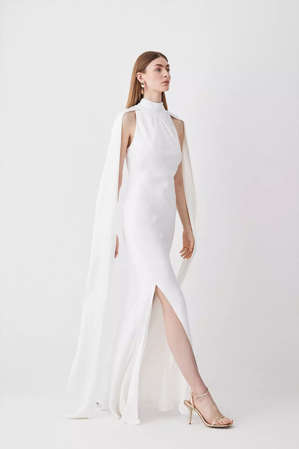 High-neck Tie-back Halter Cascading High Low Maxi Bridesmaid Dress