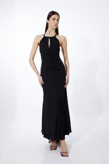 Black Premium Ruched Halter Strappy Maxi Dress