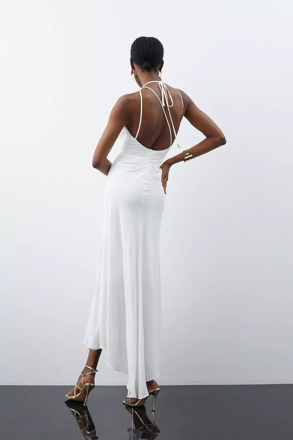 Tall Halter Gathered Slinky Backless Maxi Dress