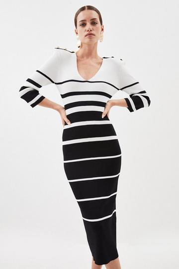 Petite Viscose Blend Striped Rib Knit Dress With Power Shoulder stripe