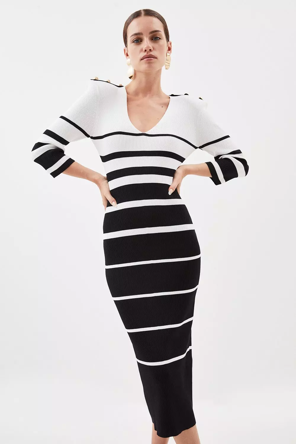 Petite Viscose Blend Striped Rib Knit Dress With Power Shoulder ...