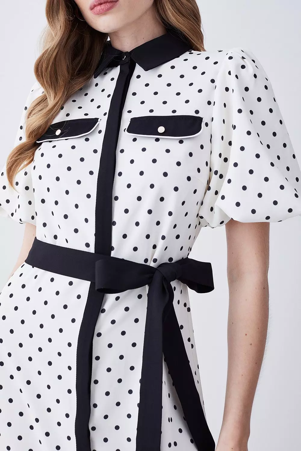 Petite Pin Dot Twill Belted Midi Dress Karen Millen