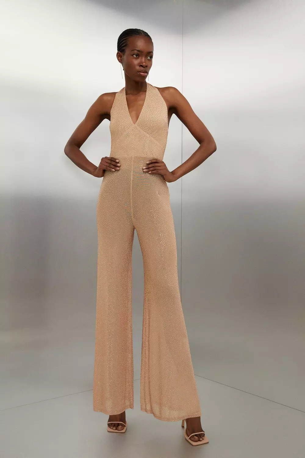 Embellished Halterneck Wide Leg Jersey Jumpsuit | Karen Millen