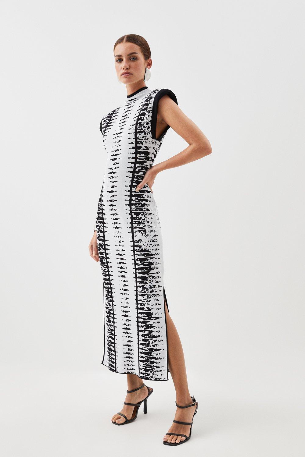 Petite Abstract Jacquard Power Shoulder Midaxi Knit Dress | Karen