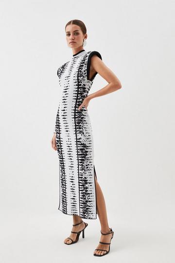Petite Abstract Jacquard Power Shoulder Midaxi Knit Dress mono