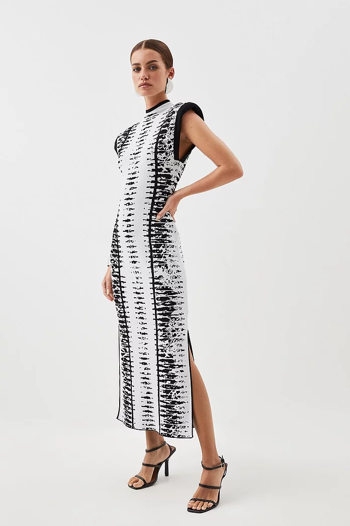 Petite Abstract Jacquard Power Shoulder Midaxi Knit Dress