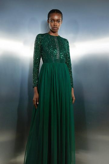 Embellished Bodice Tulle Skirt Woven Maxi Dress emerald