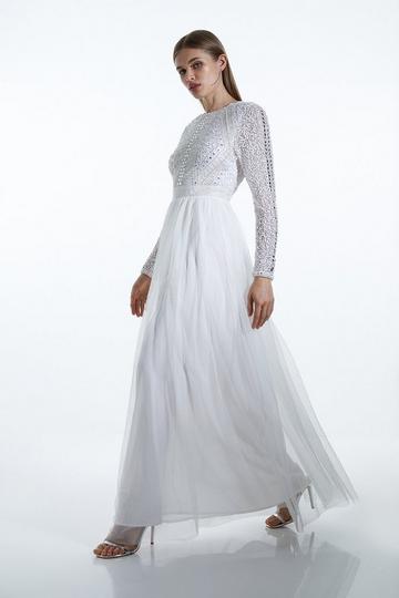 Embellished Bodice Tulle Skirt Woven Maxi Dress ivory