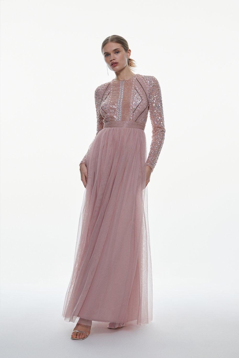 Needle & thread embellished long sleeve maxi dress with tulle skirt in rose quartz sale