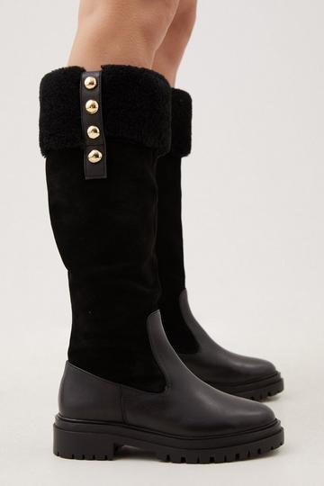 Leather Shearing Knee High Boot black
