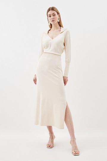 Viscose Blend Soft Touch Fly Collar Knitted Midaxi Dress ivory
