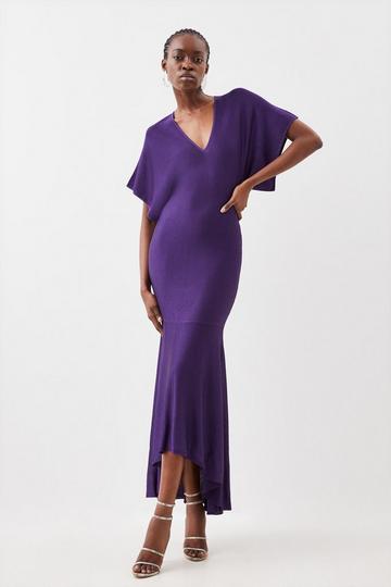 Purple Slinky Knit Kimono Sleeve V Neck High Low Midaxi Dress