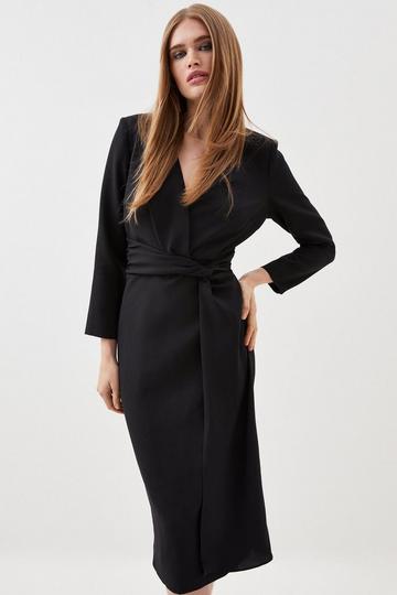 Black Twist Waist Long Sleeve Tailored Midi Dress