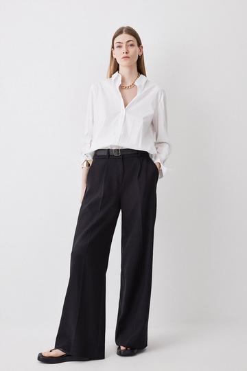 Black Compact Stretch Belted Wide Leg Trouser