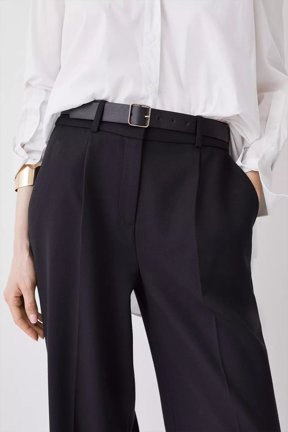 Petite Compact Stretch Belted Wide Leg Pants