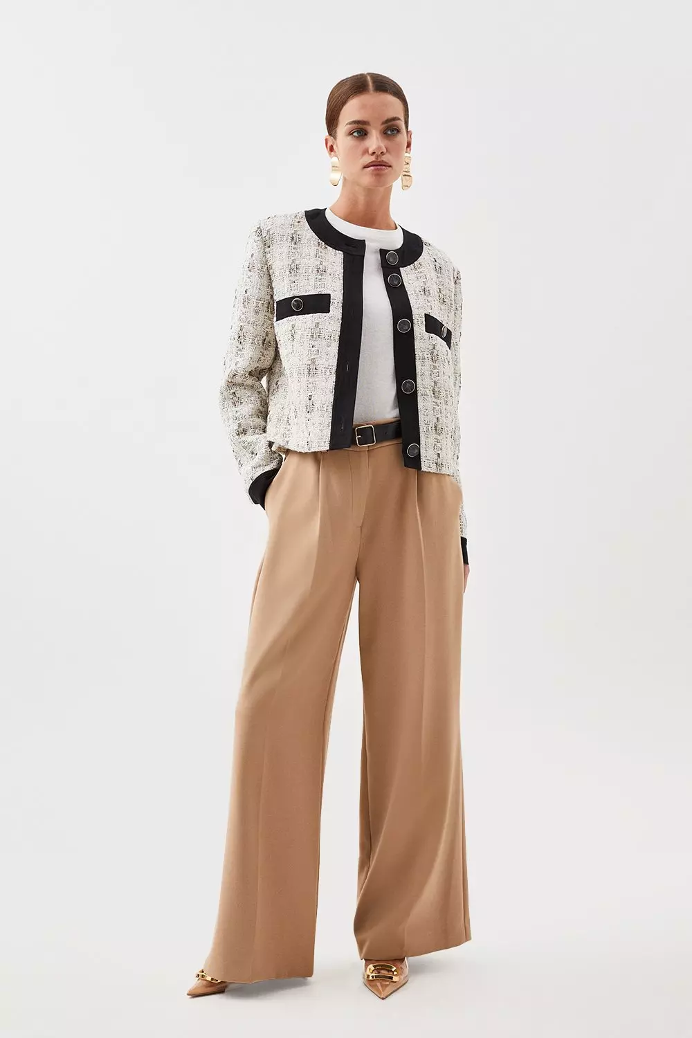 Petite Compact Stretch Belted Wide Leg Pants | Karen Millen