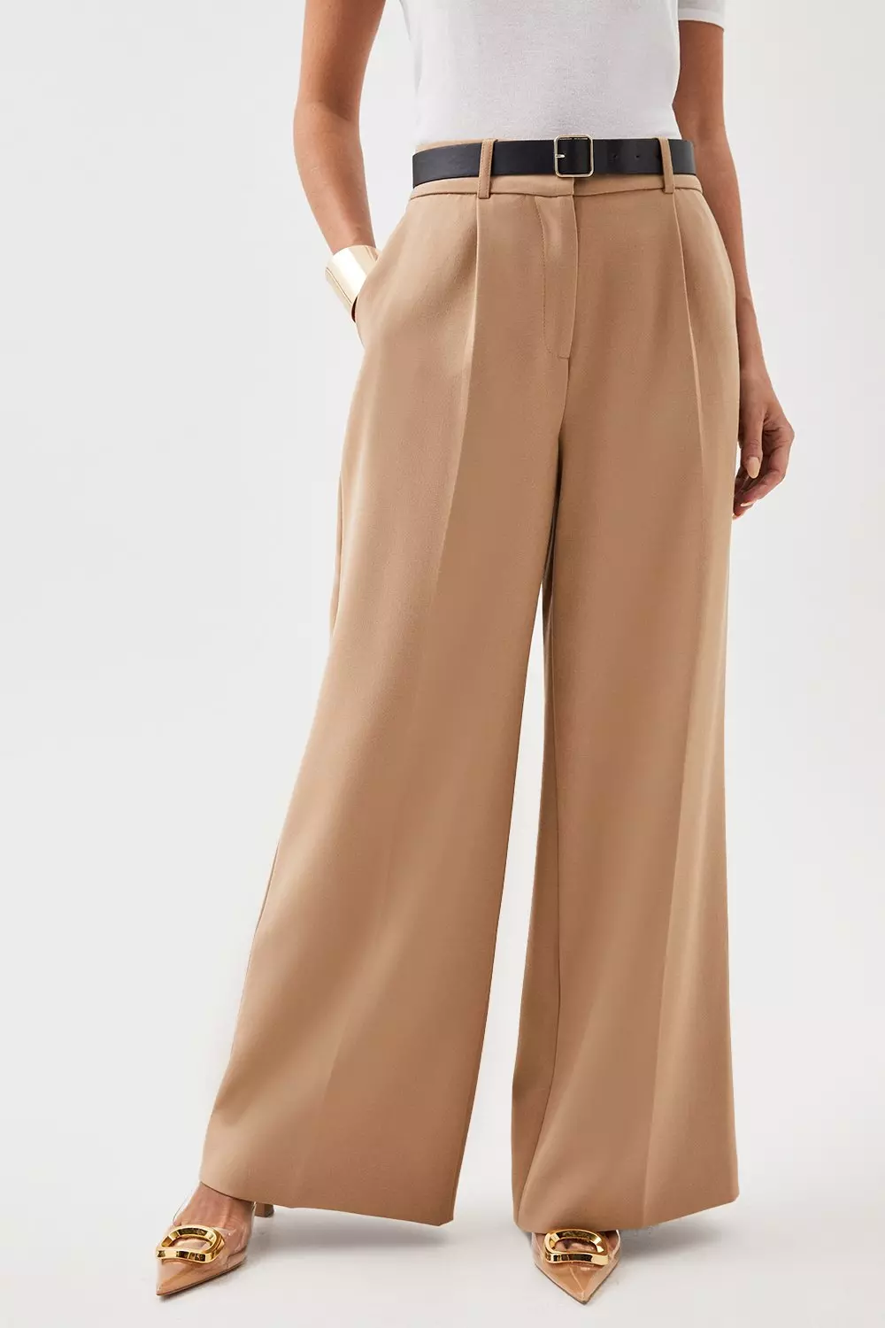 Petite Compact Stretch Belted Wide Leg Pants