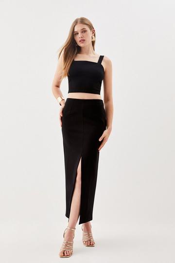 Black Petite Ponte Strappy Crop Top Split Front Skirt Jersey Set
