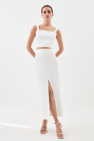 Petite Ponte Strappy Crop Top Split Front Skirt Jersey Set ivory