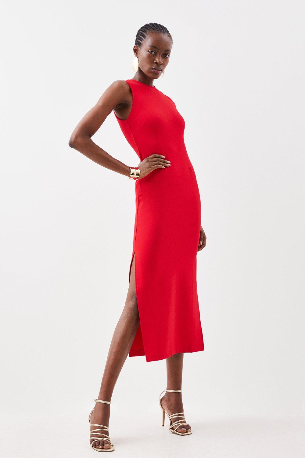 Tailored Structured Crepe Turtleneck Belted Midi Dress