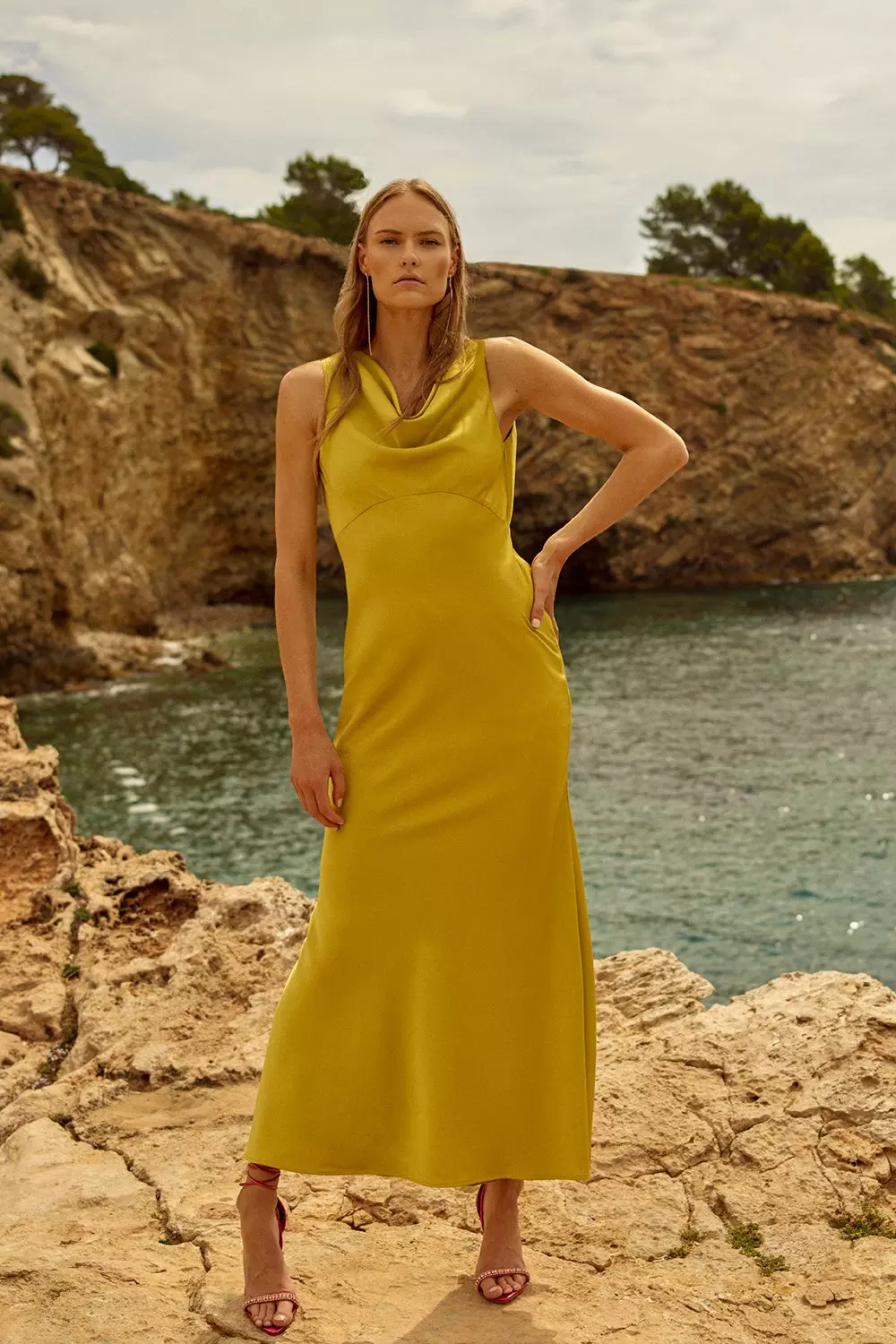 Yellow cowl neck belted best sale slip dress