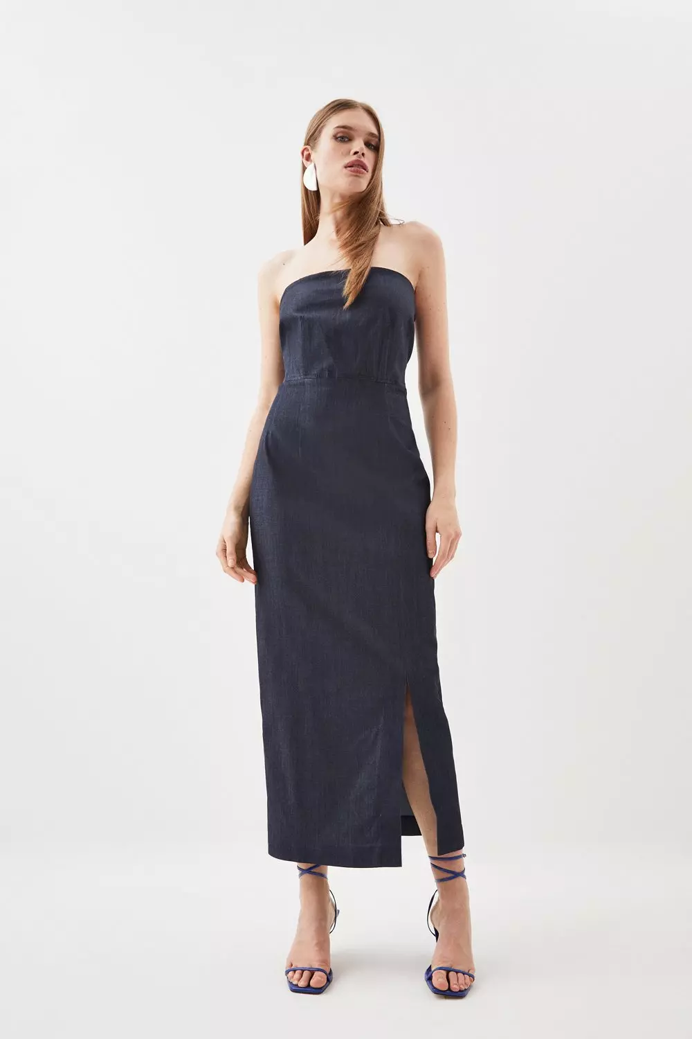 Tailored Denim Bandeau Corset Detail Midaxi Dress