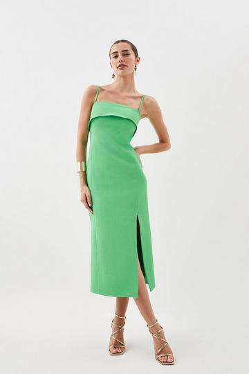 Green Textured Crepe Tailored Bandeau Split Detail Midi Dress