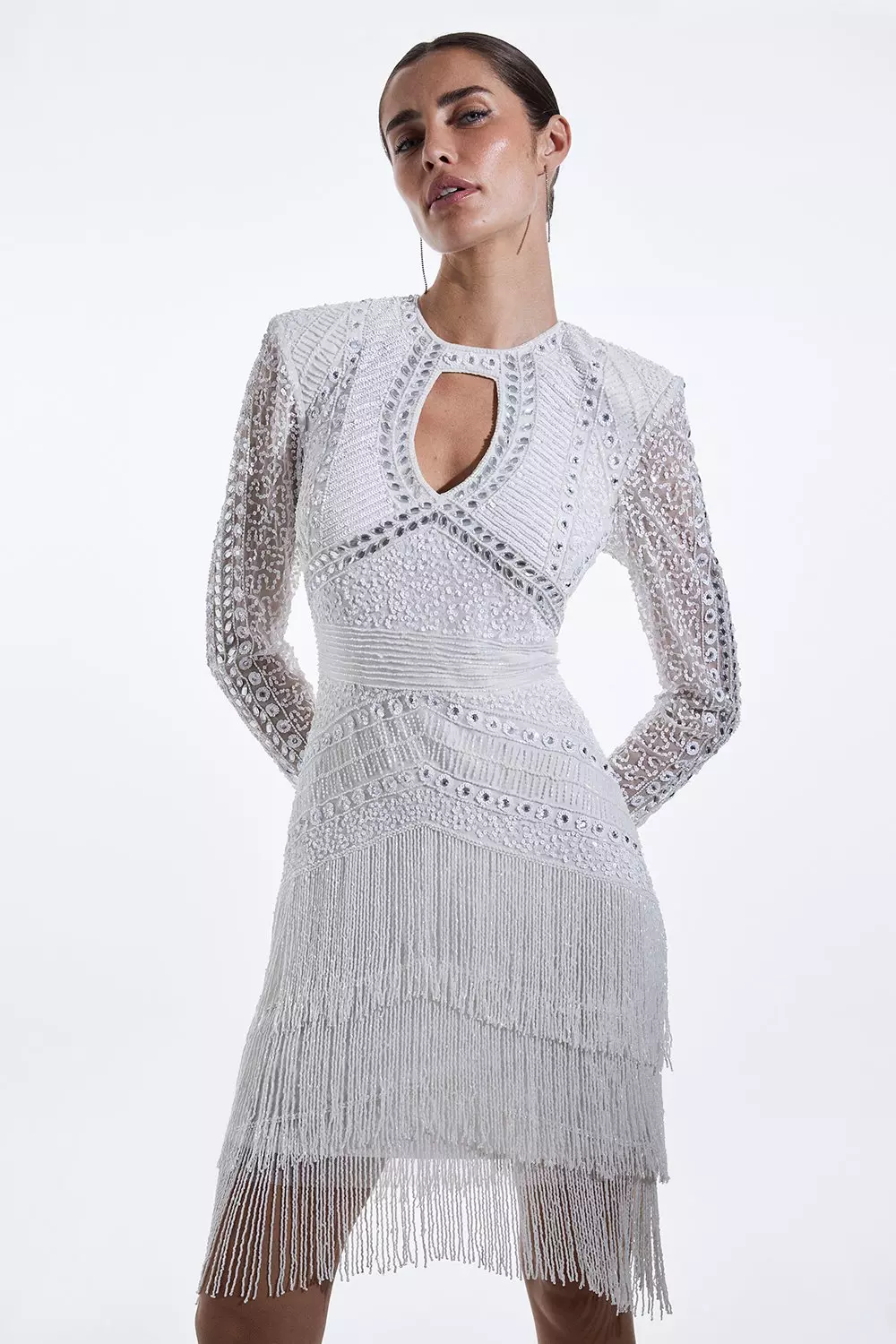 Crystal Embellished Woven Long Sleeve Mini Dress