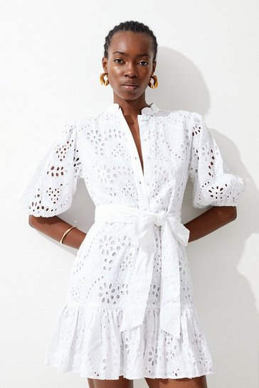 Cotton Broderie Belted Woven Mini Dress | Karen Millen