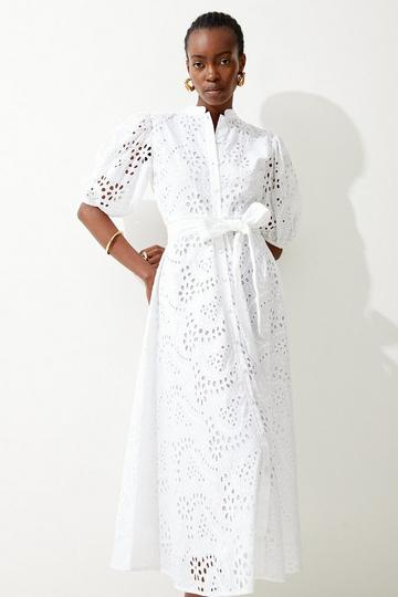 Cotton Broderie Belted Woven Midi Dress ivory