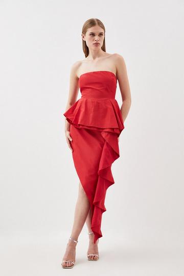 Red Taffeta Double Ruffle Detail Tailored Midi Dress