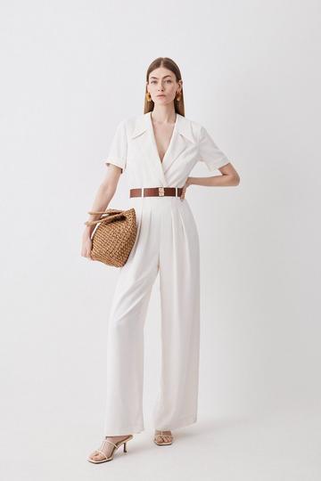 Soft Tailored Belted Pleat Wide Leg Jumpsuit ivory