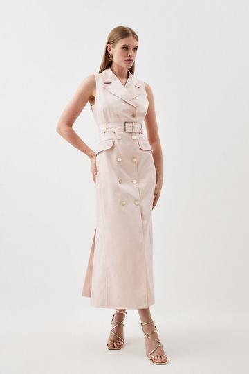 Pink Polished Cotton Tailored Belted Trench Midi Dress