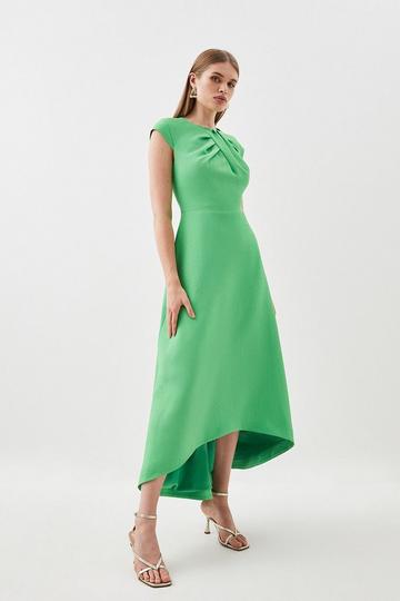 Green Textured Crepe Twist Wrap Detail High Low Midi Dress
