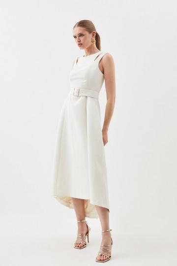 Textured Crepe Tailored Seam Detail Belted Midaxi Dress ivory