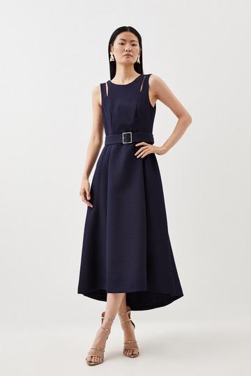 Navy Textured Crepe Tailored Seam Detail Belted Midaxi Dress