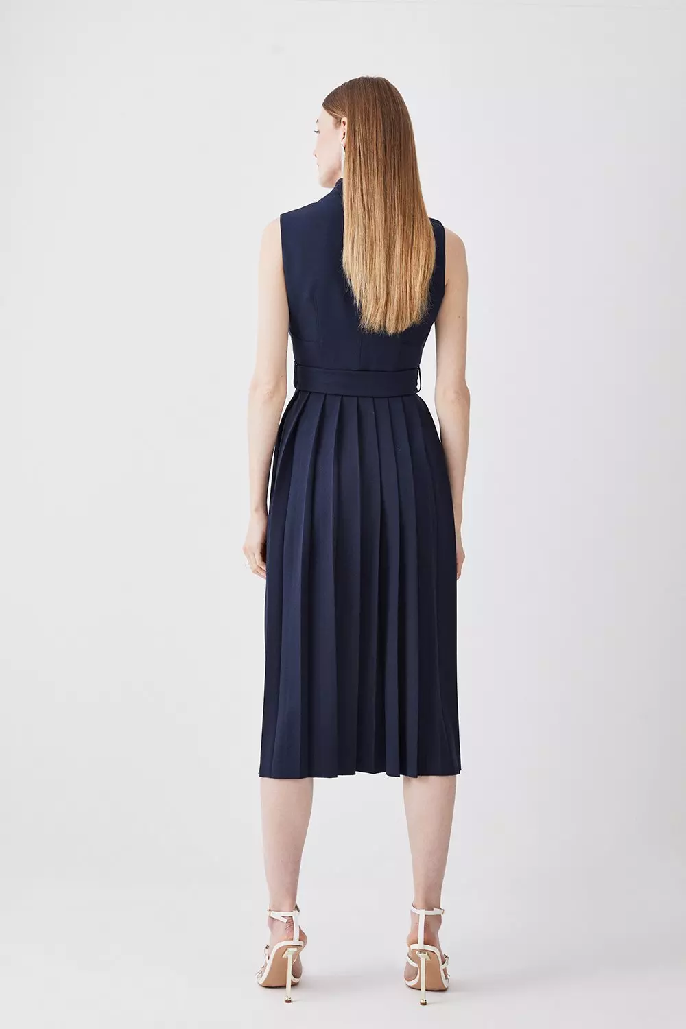 Structured Crepe Forever Pleated Sleeveless Midi Dress Karen Millen