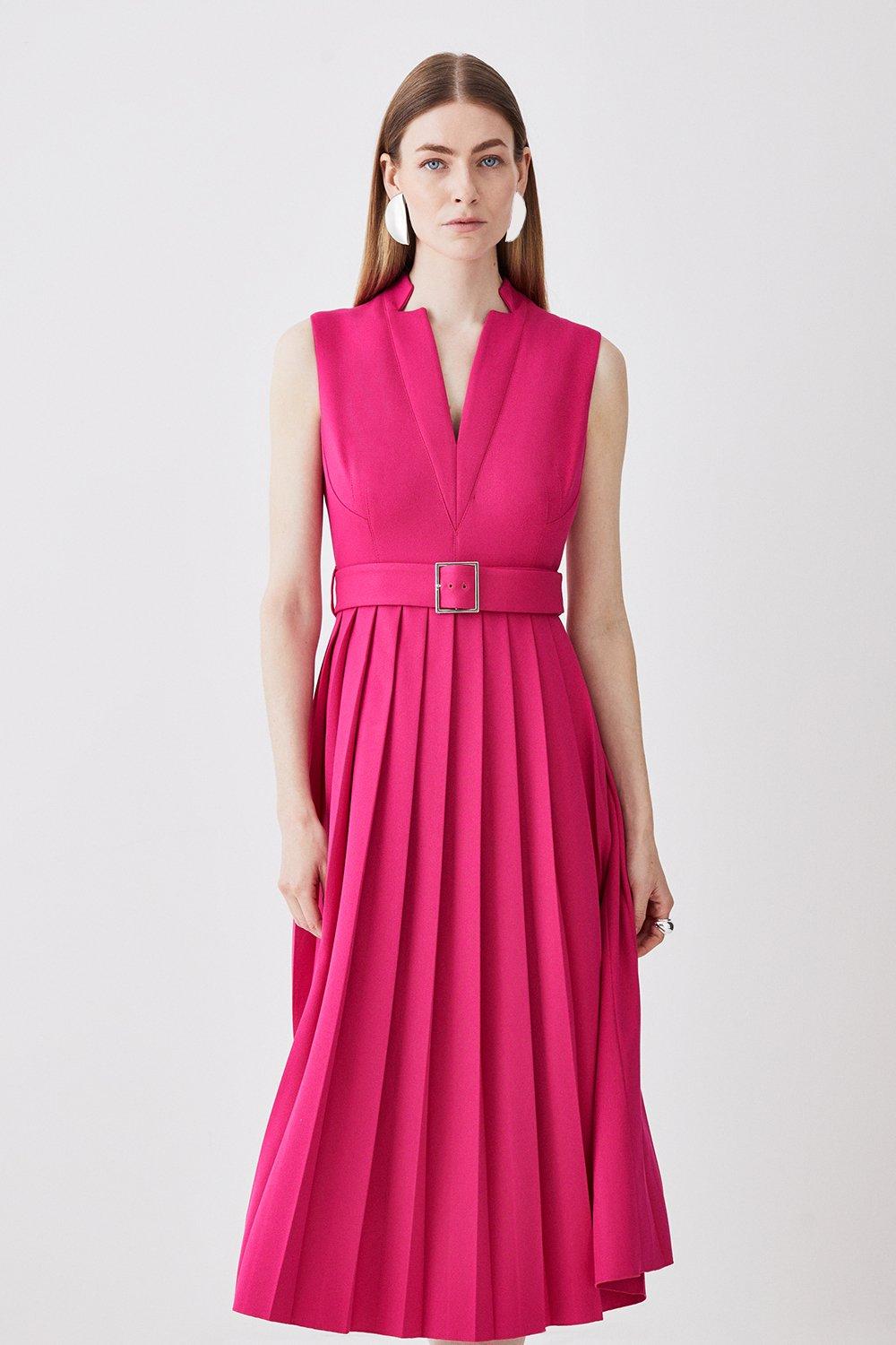 Petite Structured Crepe Forever Pleated Sleeveless Midi Dress