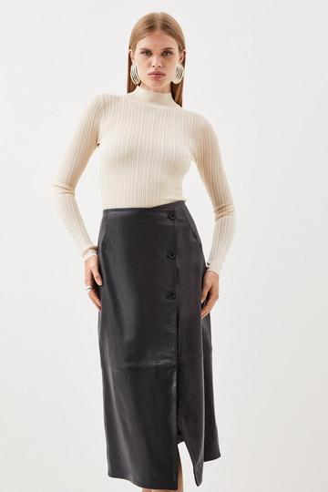 Leather Button Wrap Midaxi Skirt black