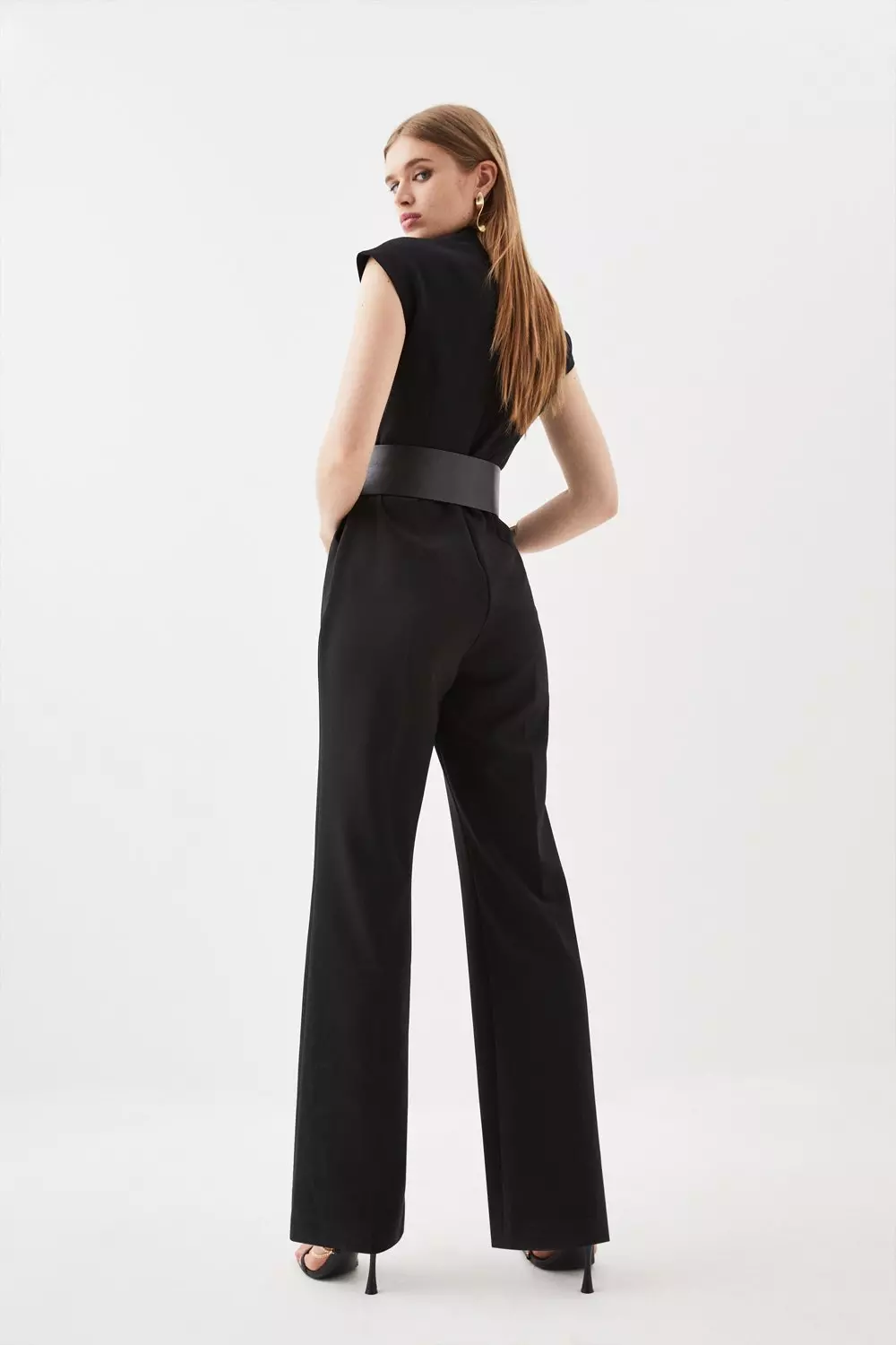 Compact Stretch Belted Straight Leg Jumpsuit